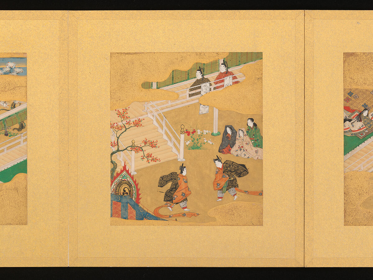 Scenes from The Tale of Genji, Tosa School, Pair of albums (accordion fold) with 
54 illustrations; ink, color and gold on paper, Japan