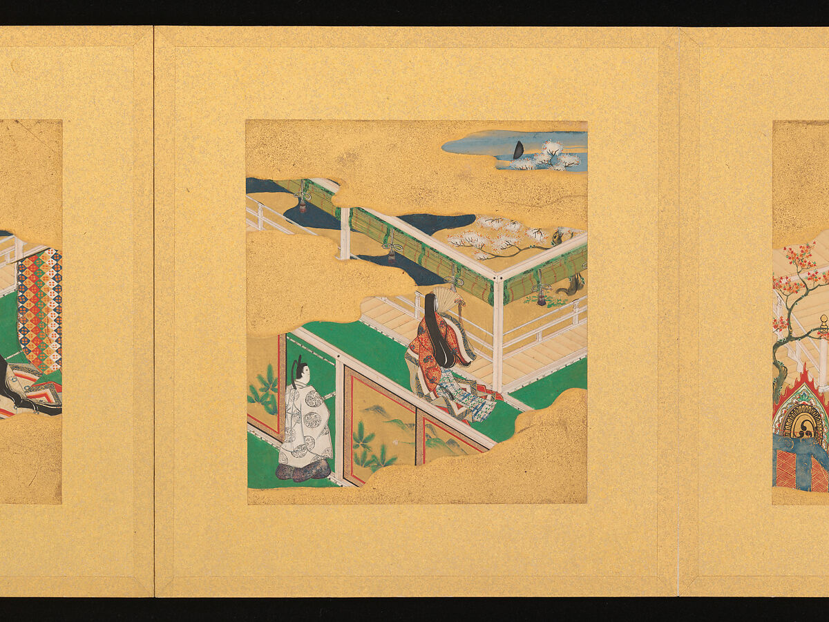 Scenes from The Tale of Genji, Tosa School, Pair of albums (accordion fold) with 
54 illustrations; ink, color and gold on paper, Japan