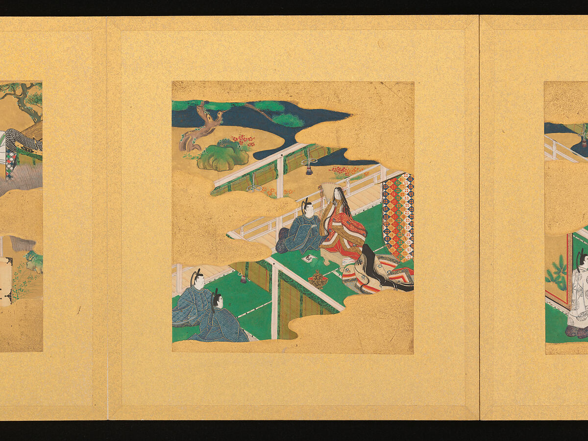 Scenes from The Tale of Genji, Tosa School, Pair of albums (accordion fold) with 
54 illustrations; ink, color and gold on paper, Japan