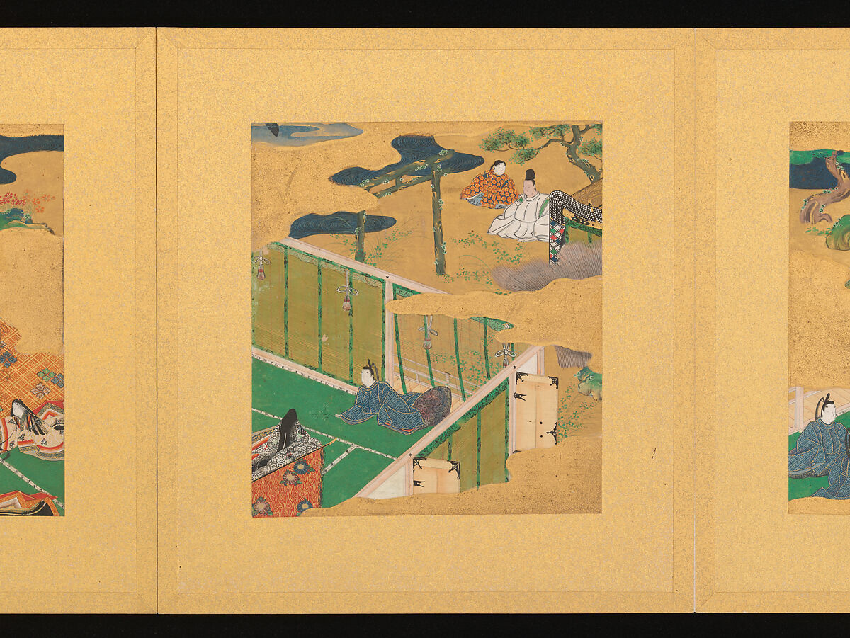 Scenes from The Tale of Genji, Tosa School, Pair of albums (accordion fold) with 
54 illustrations; ink, color and gold on paper, Japan