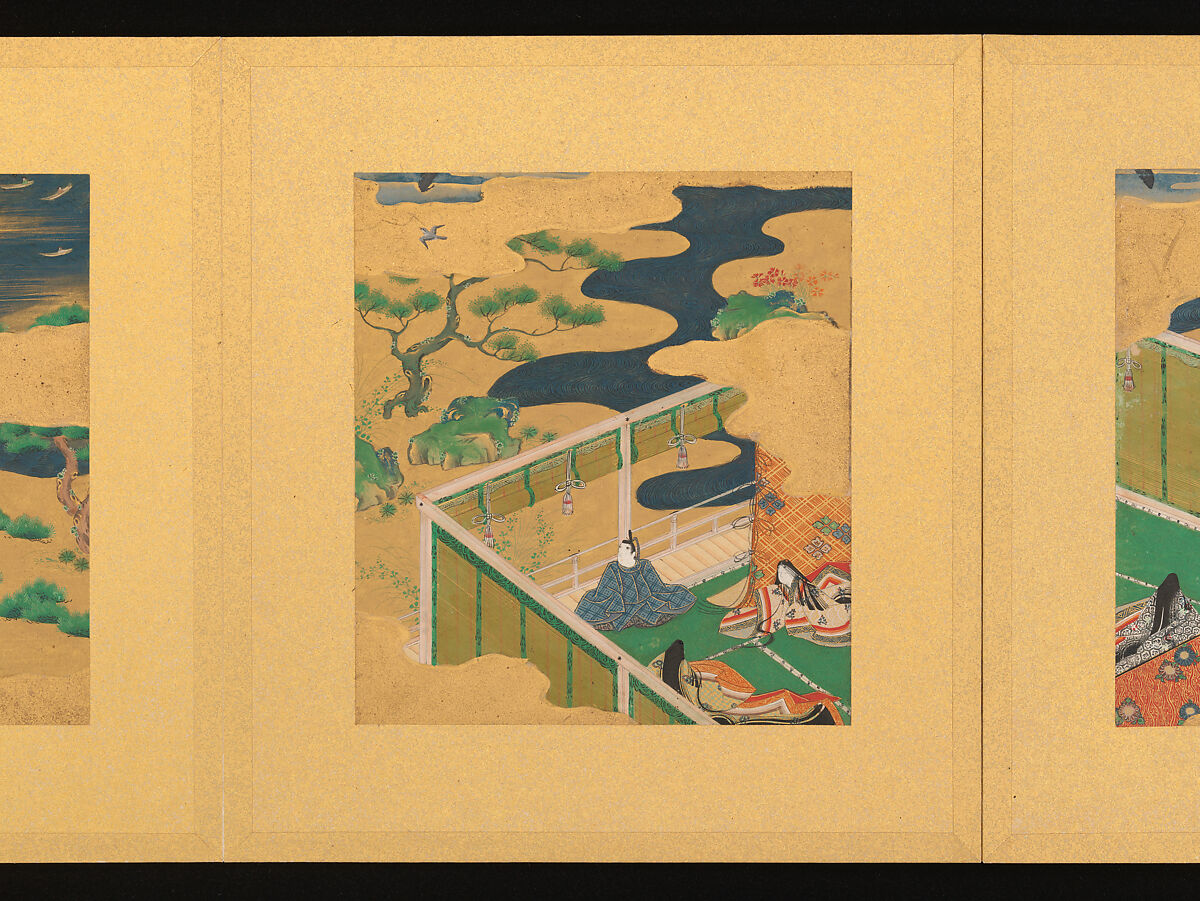 Scenes from The Tale of Genji, Tosa School, Pair of albums (accordion fold) with 
54 illustrations; ink, color and gold on paper, Japan