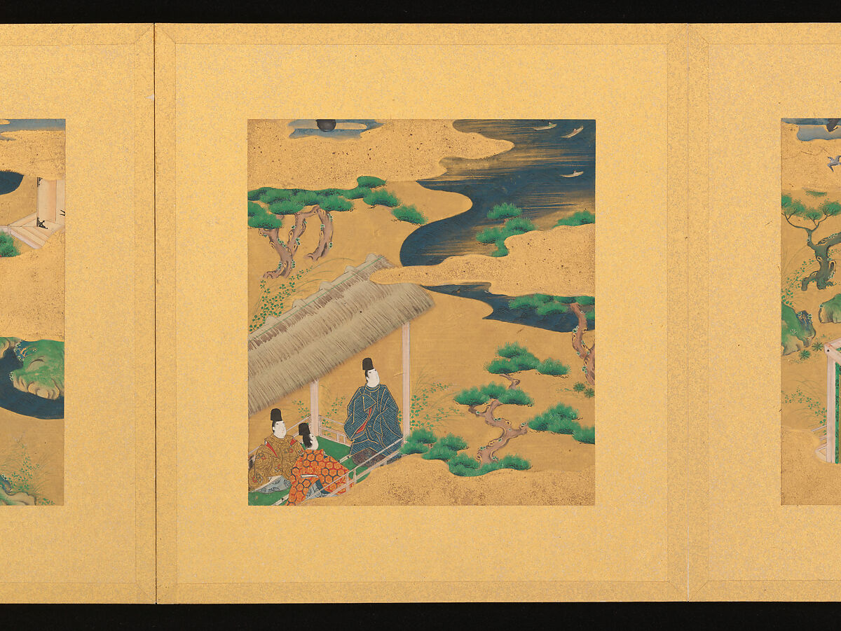 Scenes from The Tale of Genji, Tosa School, Pair of albums (accordion fold) with 
54 illustrations; ink, color and gold on paper, Japan