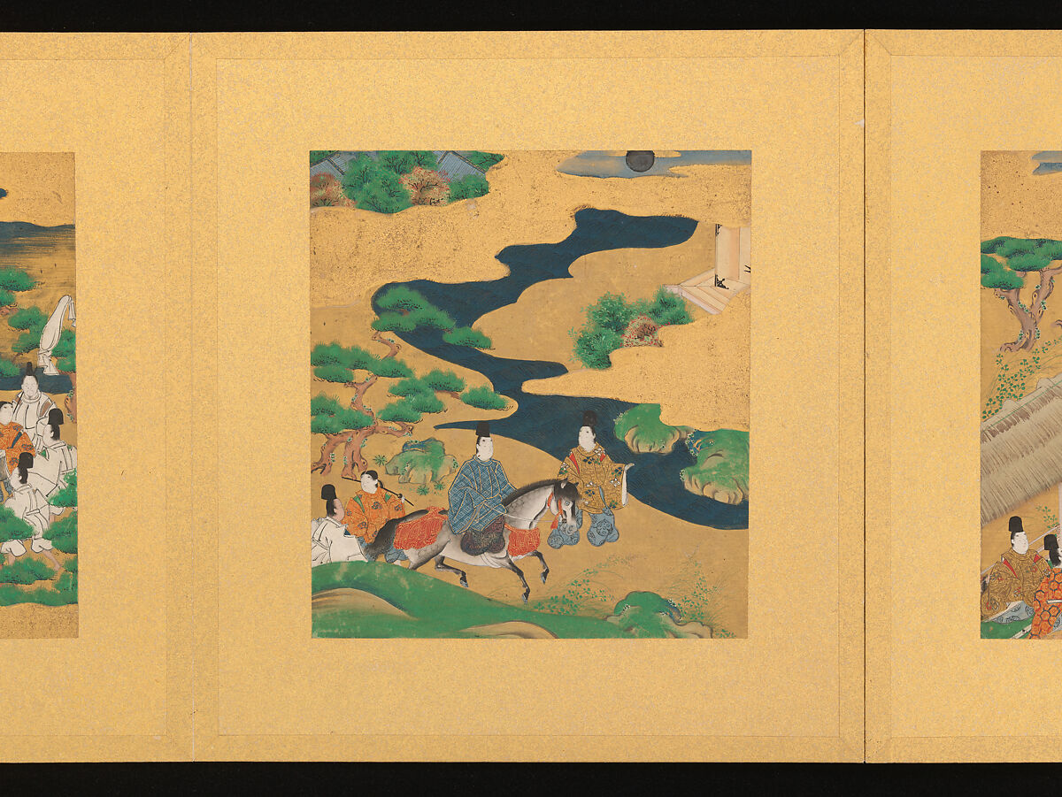 Scenes from The Tale of Genji, Tosa School, Pair of albums (accordion fold) with 
54 illustrations; ink, color and gold on paper, Japan