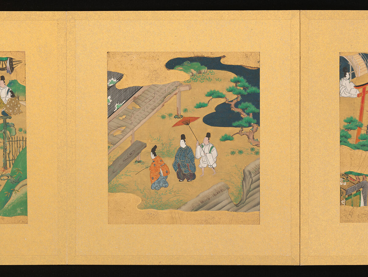 Scenes from The Tale of Genji, Tosa School, Pair of albums (accordion fold) with 
54 illustrations; ink, color and gold on paper, Japan