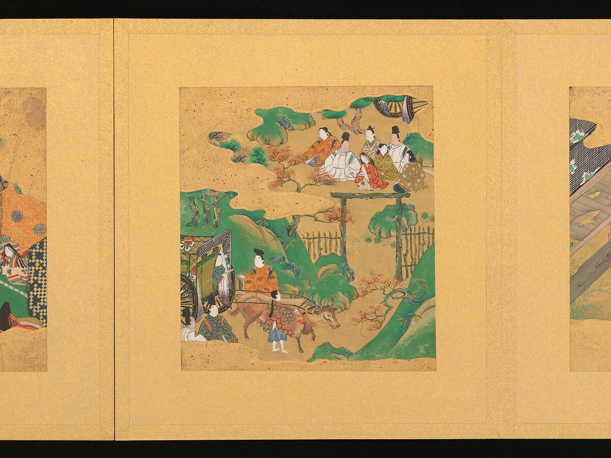 Scenes from The Tale of Genji, Tosa School, Pair of albums (accordion fold) with 
54 illustrations; ink, color and gold on paper, Japan