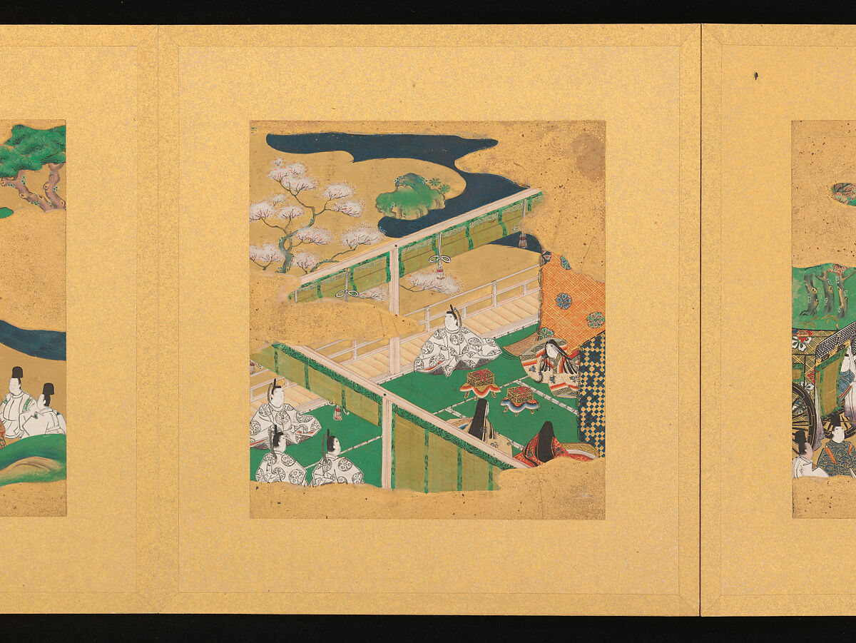 Scenes from The Tale of Genji, Tosa School, Pair of albums (accordion fold) with 
54 illustrations; ink, color and gold on paper, Japan