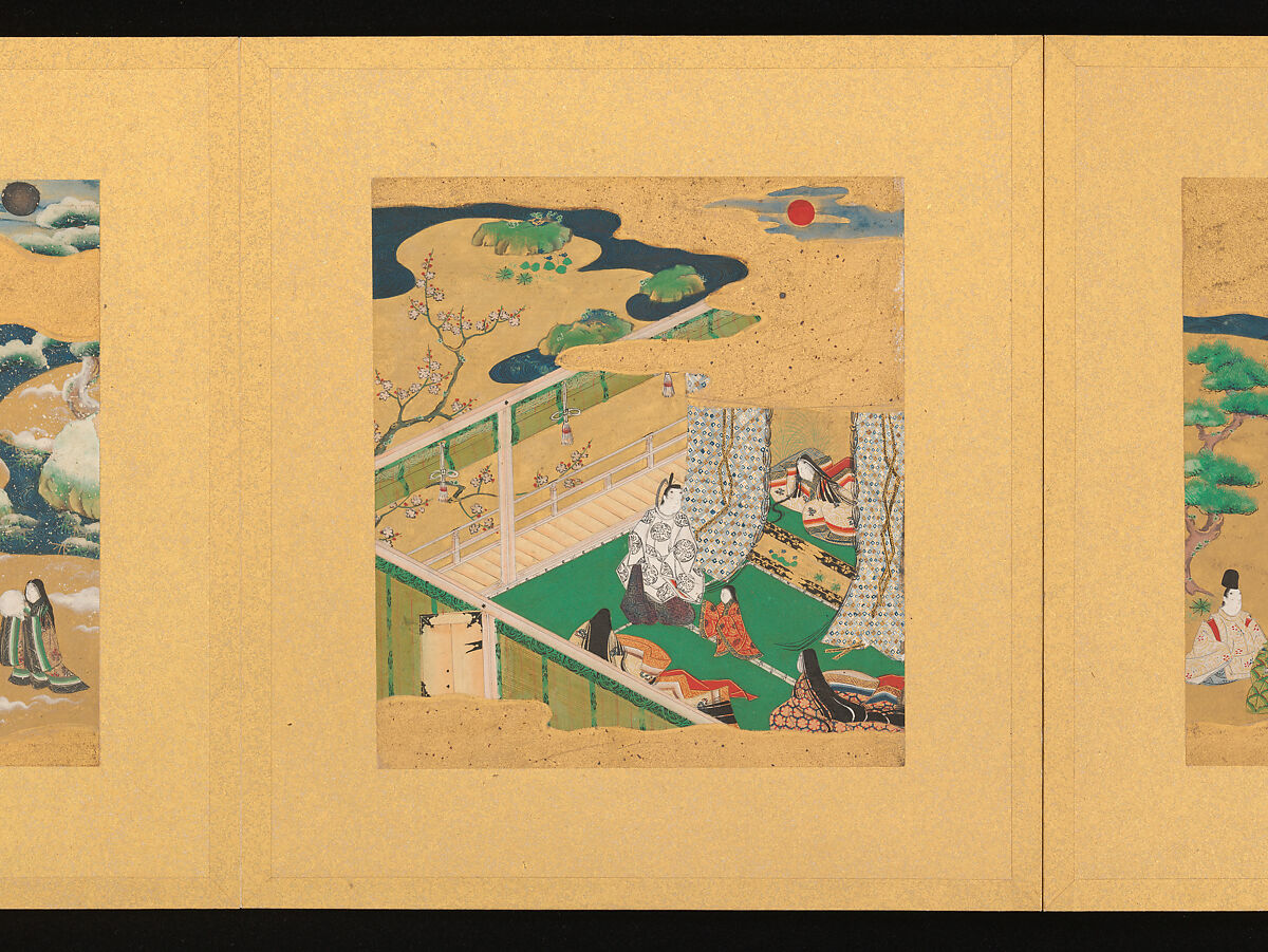 Scenes from The Tale of Genji, Tosa School, Pair of albums (accordion fold) with 
54 illustrations; ink, color and gold on paper, Japan