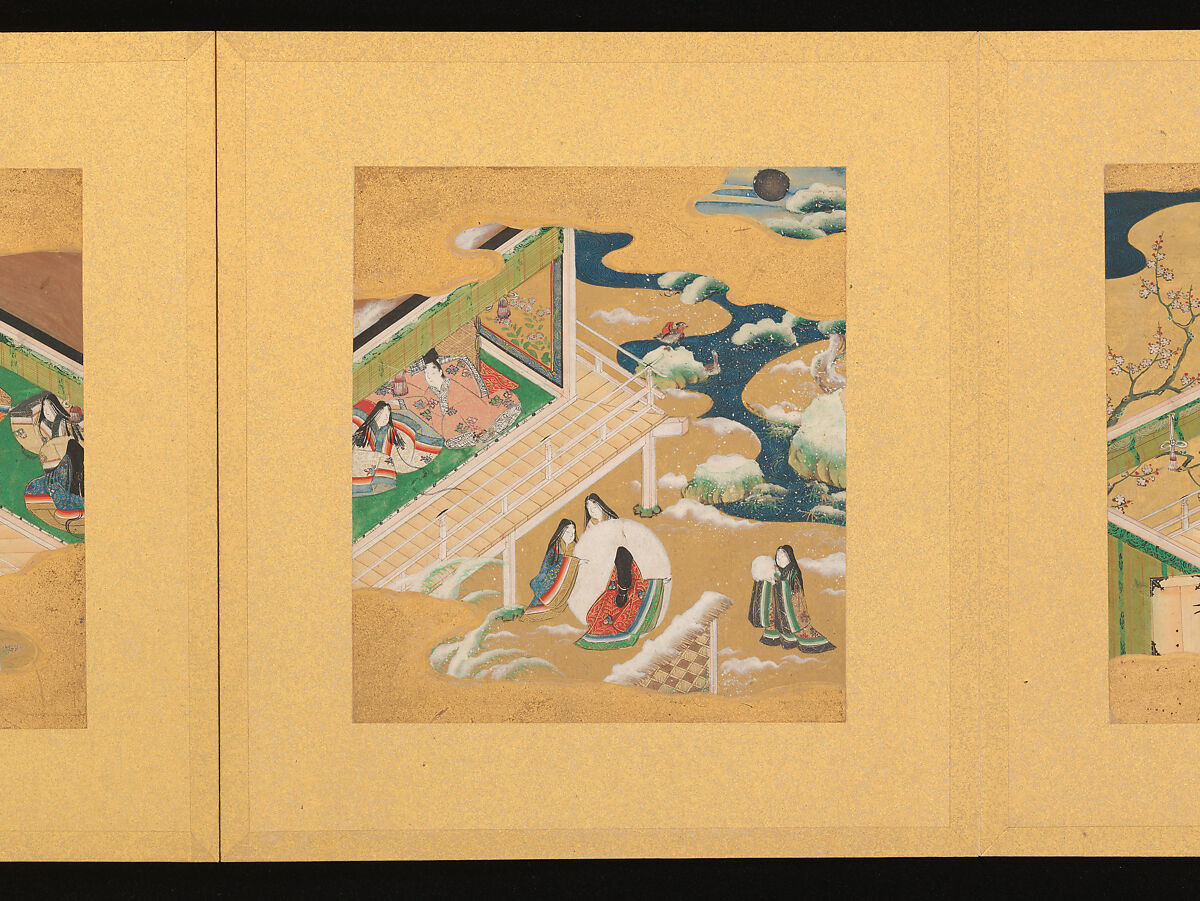 Scenes from The Tale of Genji, Tosa School, Pair of albums (accordion fold) with 
54 illustrations; ink, color and gold on paper, Japan