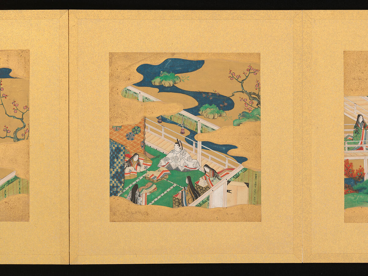 Scenes from The Tale of Genji, Tosa School, Pair of albums (accordion fold) with 
54 illustrations; ink, color and gold on paper, Japan