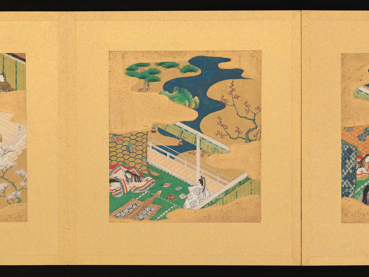 Scenes from The Tale of Genji, Tosa School, Pair of albums (accordion fold) with 
54 illustrations; ink, color and gold on paper, Japan