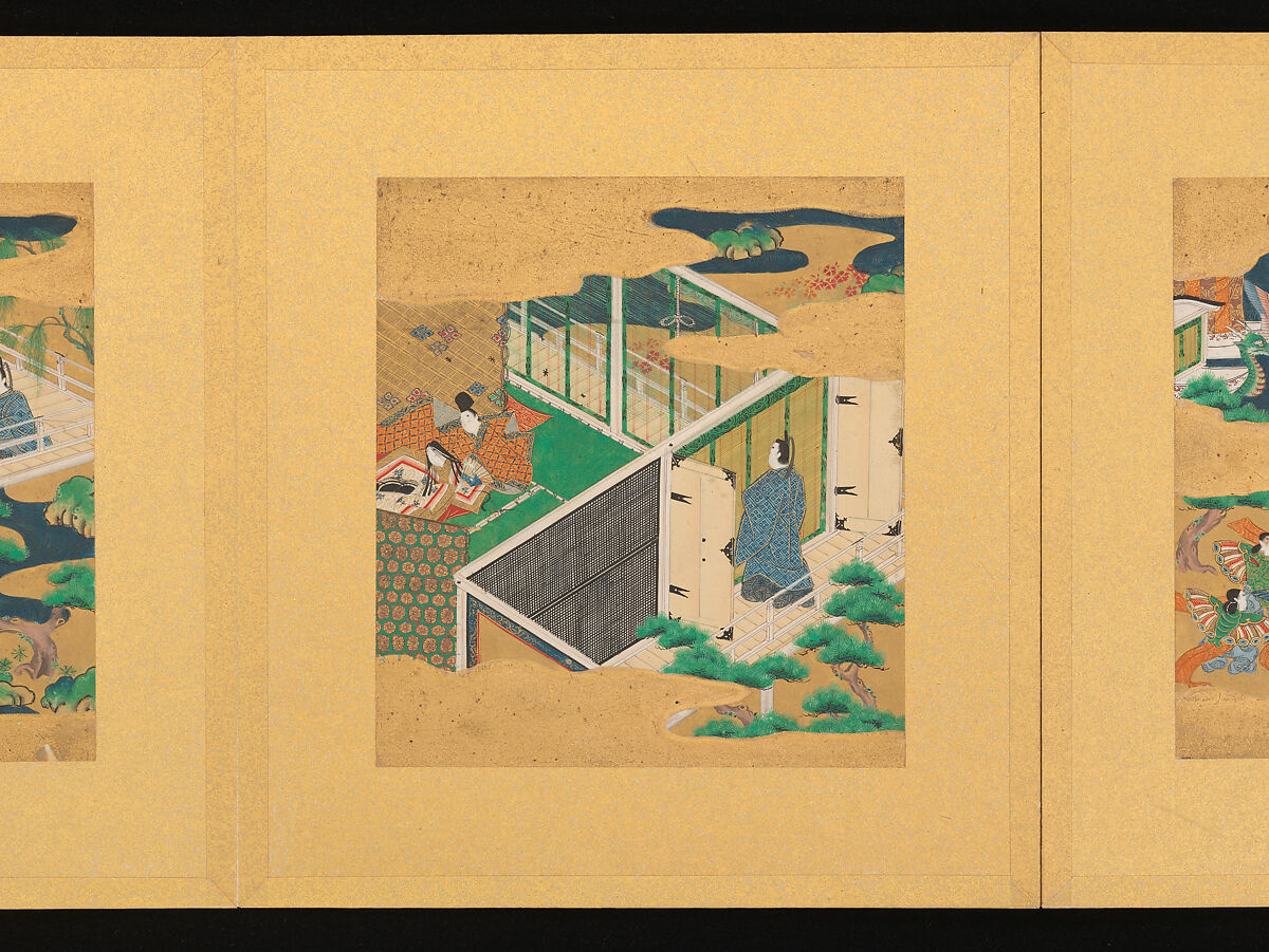 Scenes from The Tale of Genji, Tosa School, Pair of albums (accordion fold) with 
54 illustrations; ink, color and gold on paper, Japan