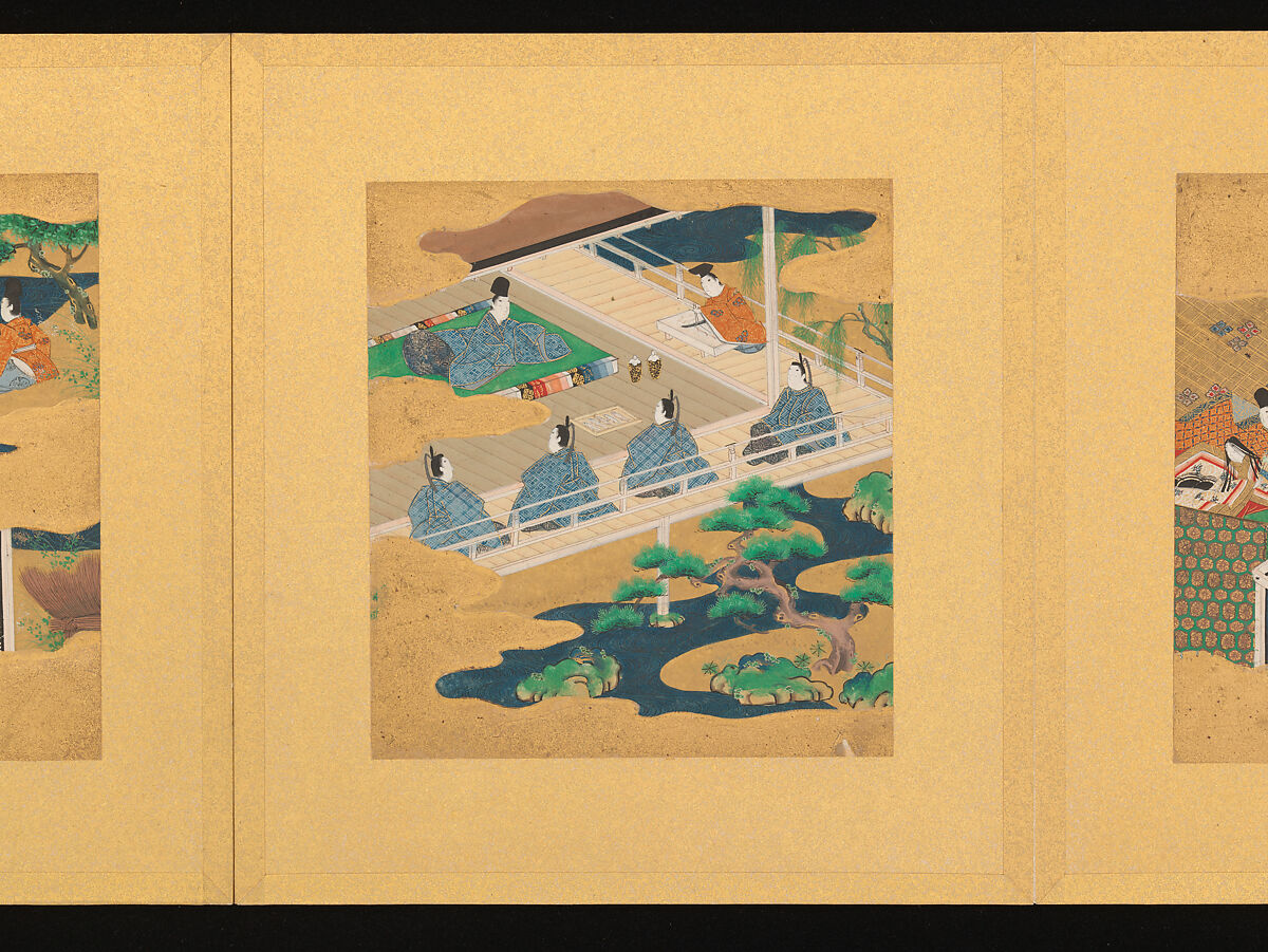Scenes from The Tale of Genji, Tosa School, Pair of albums (accordion fold) with 
54 illustrations; ink, color and gold on paper, Japan
