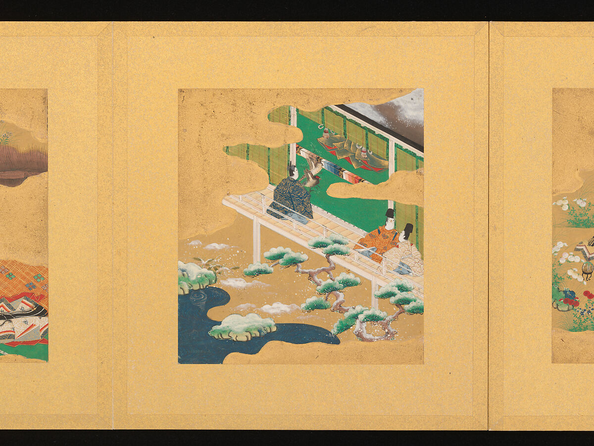Scenes from The Tale of Genji, Tosa School, Pair of albums (accordion fold) with 
54 illustrations; ink, color and gold on paper, Japan