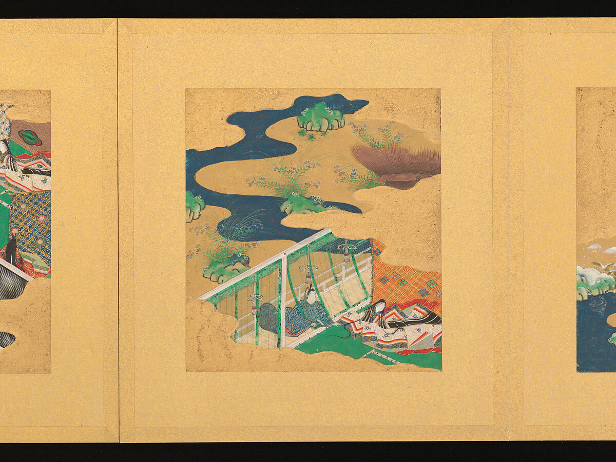 Scenes from The Tale of Genji, Tosa School, Pair of albums (accordion fold) with 
54 illustrations; ink, color and gold on paper, Japan