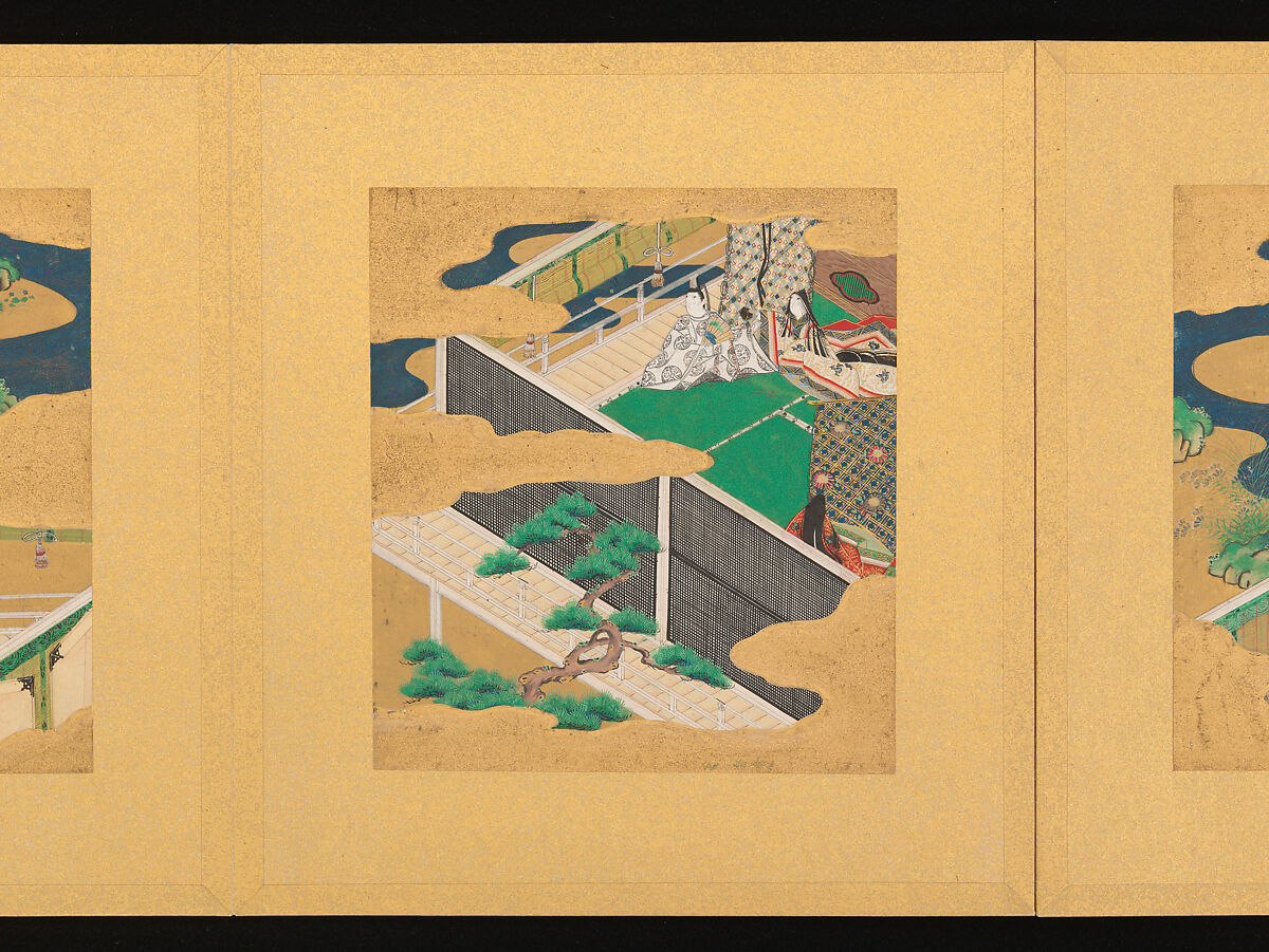 Scenes from The Tale of Genji, Tosa School, Pair of albums (accordion fold) with 
54 illustrations; ink, color and gold on paper, Japan