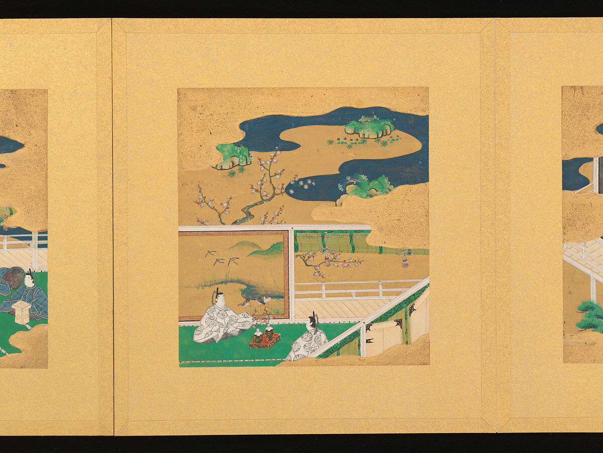 Scenes from The Tale of Genji, Tosa School, Pair of albums (accordion fold) with 
54 illustrations; ink, color and gold on paper, Japan