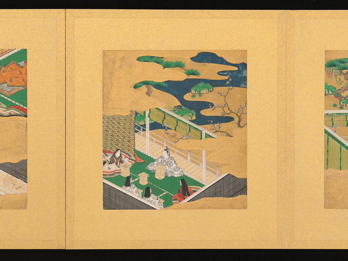Scenes from The Tale of Genji, Tosa School, Pair of albums (accordion fold) with 
54 illustrations; ink, color and gold on paper, Japan