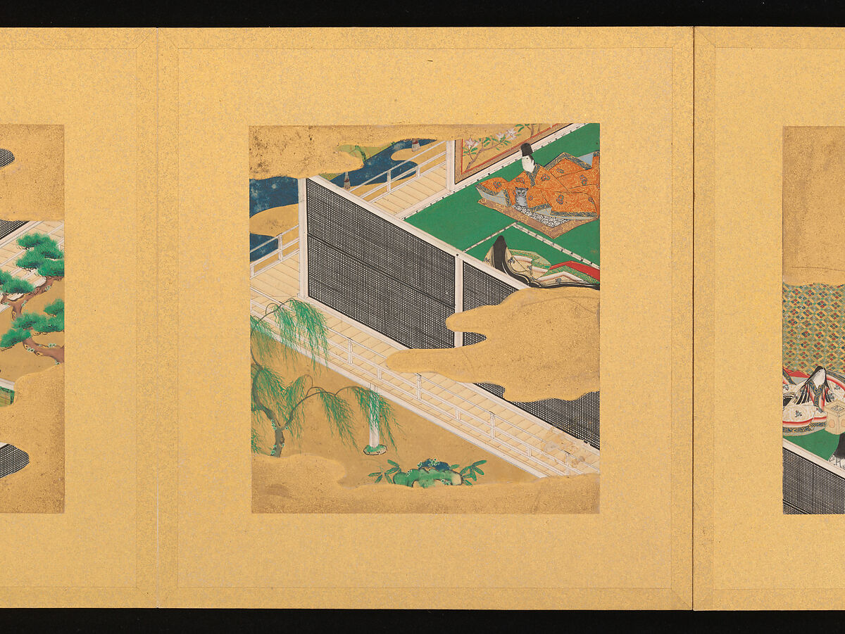 Scenes from The Tale of Genji, Tosa School, Pair of albums (accordion fold) with 
54 illustrations; ink, color and gold on paper, Japan