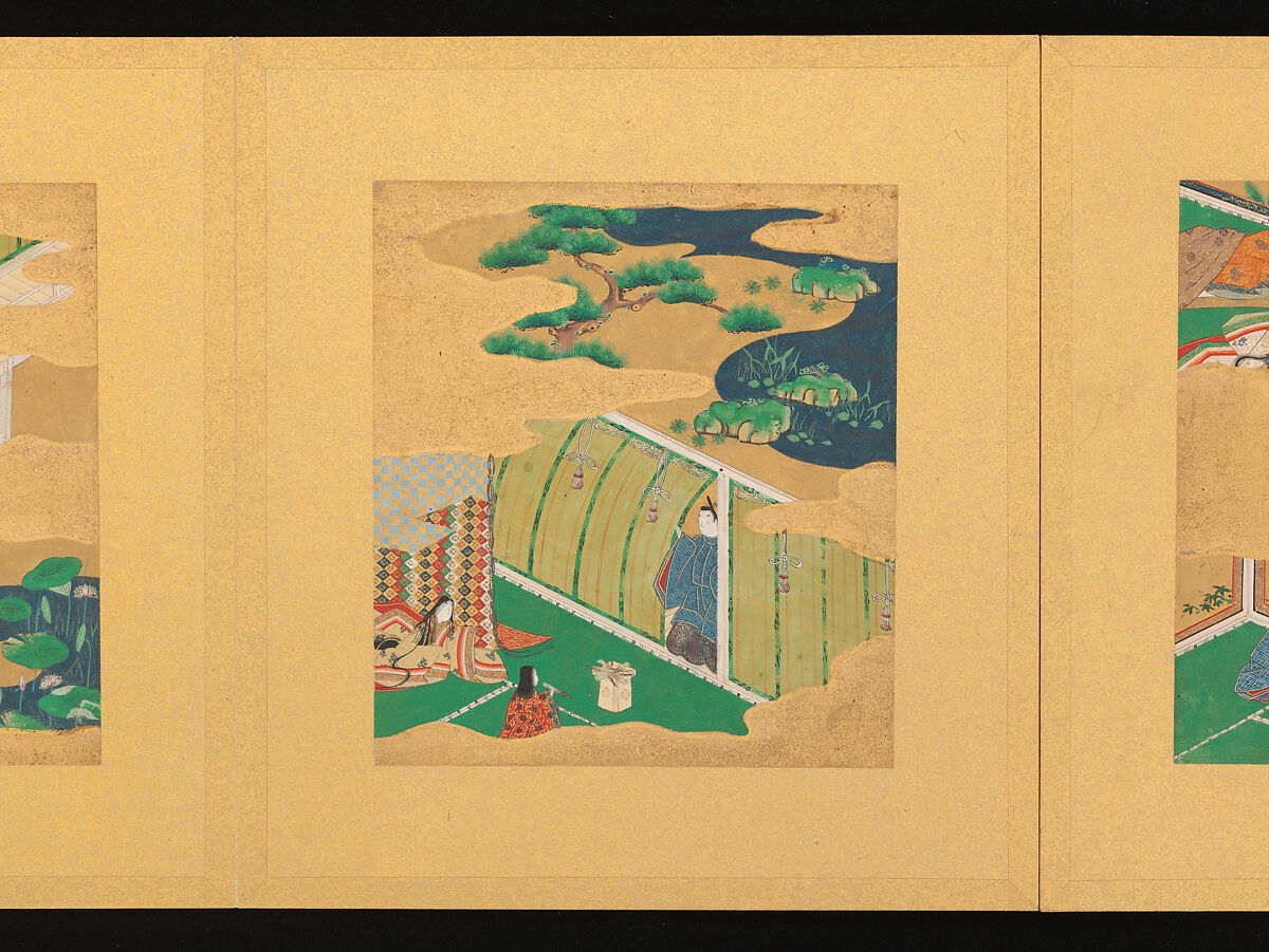 Scenes from The Tale of Genji, Tosa School, Pair of albums (accordion fold) with 
54 illustrations; ink, color and gold on paper, Japan
