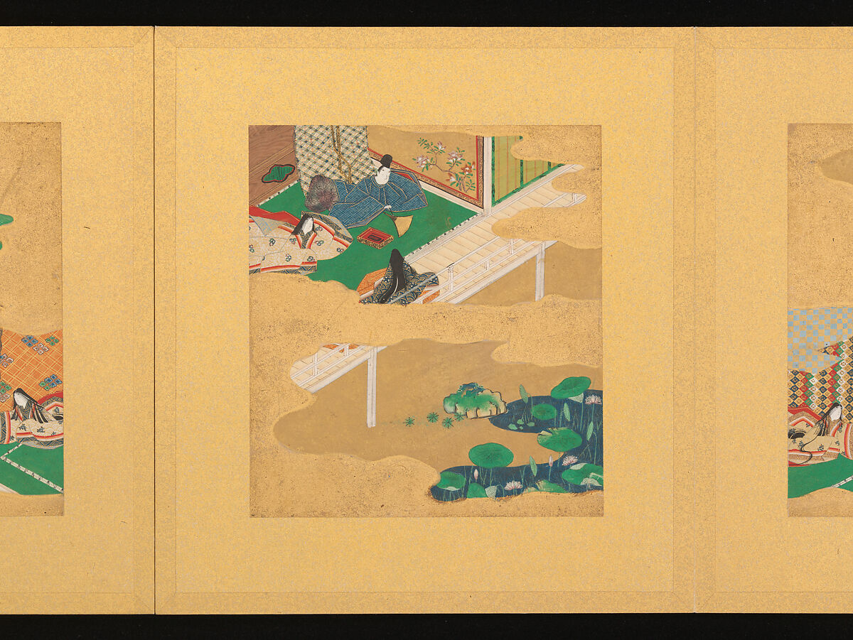 Scenes from The Tale of Genji, Tosa School, Pair of albums (accordion fold) with 
54 illustrations; ink, color and gold on paper, Japan