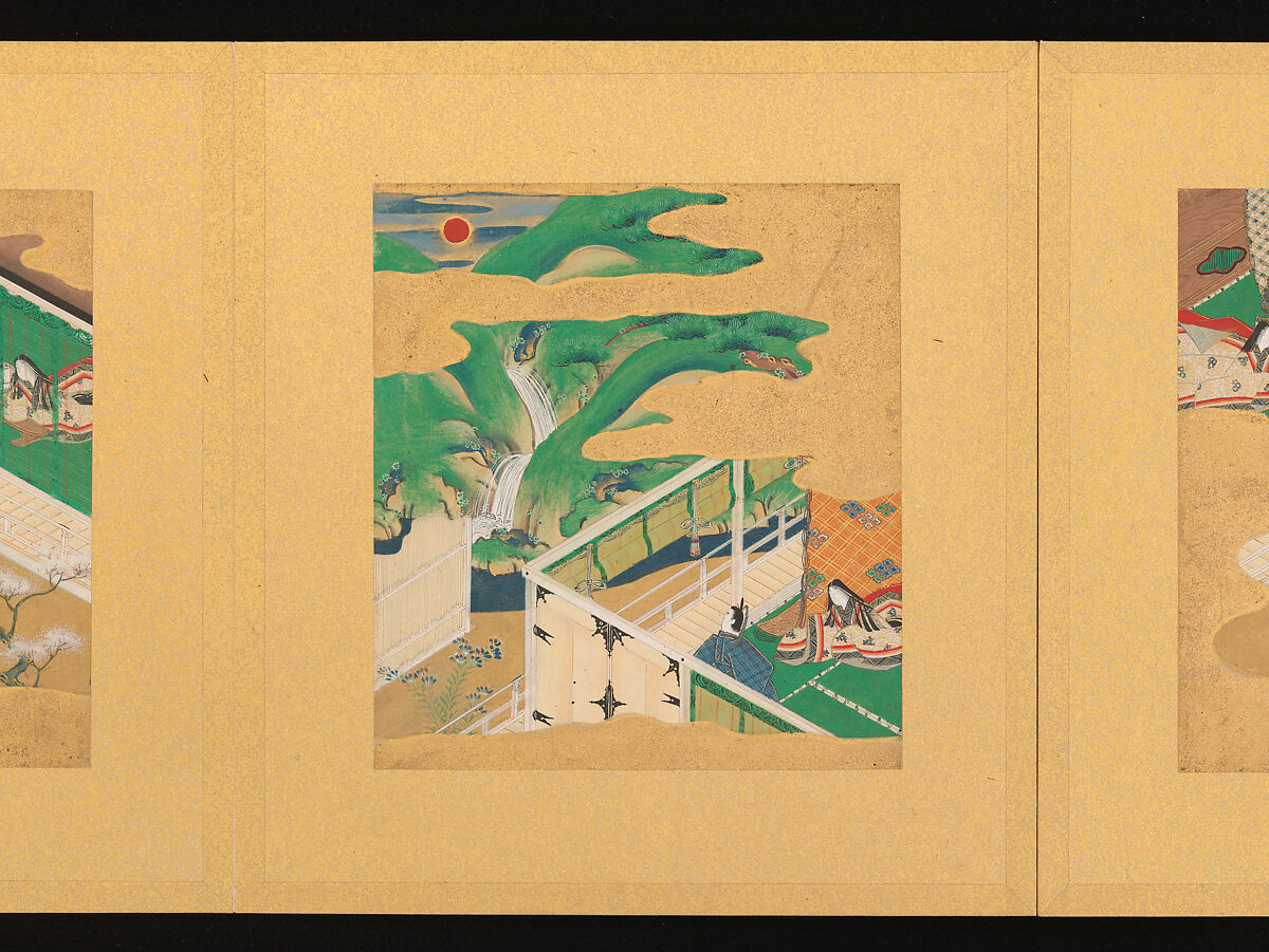 Scenes from The Tale of Genji, Tosa School, Pair of albums (accordion fold) with 
54 illustrations; ink, color and gold on paper, Japan