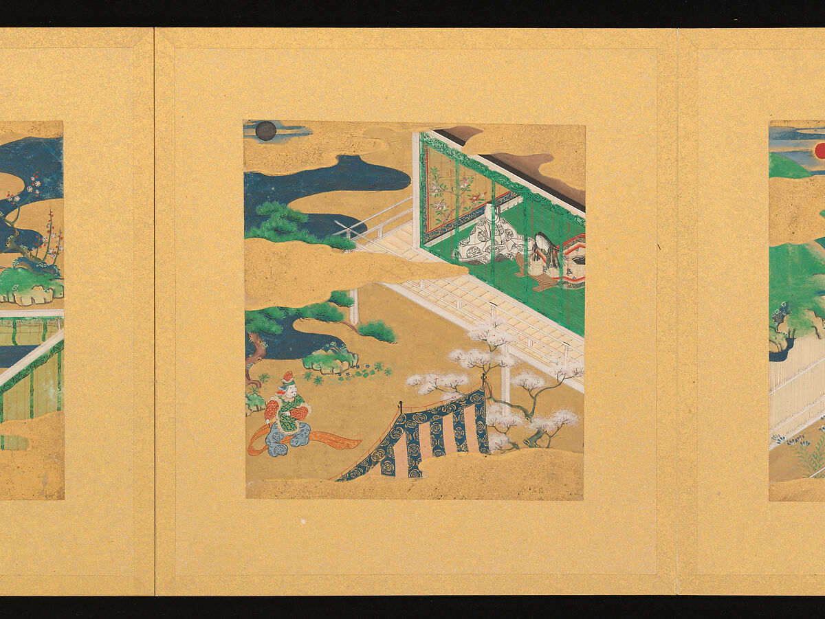 Scenes from The Tale of Genji, Tosa School, Pair of albums (accordion fold) with 
54 illustrations; ink, color and gold on paper, Japan