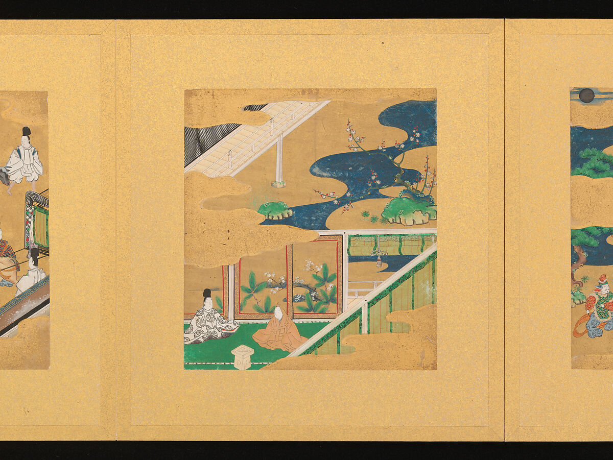 Scenes from The Tale of Genji, Tosa School, Pair of albums (accordion fold) with 
54 illustrations; ink, color and gold on paper, Japan