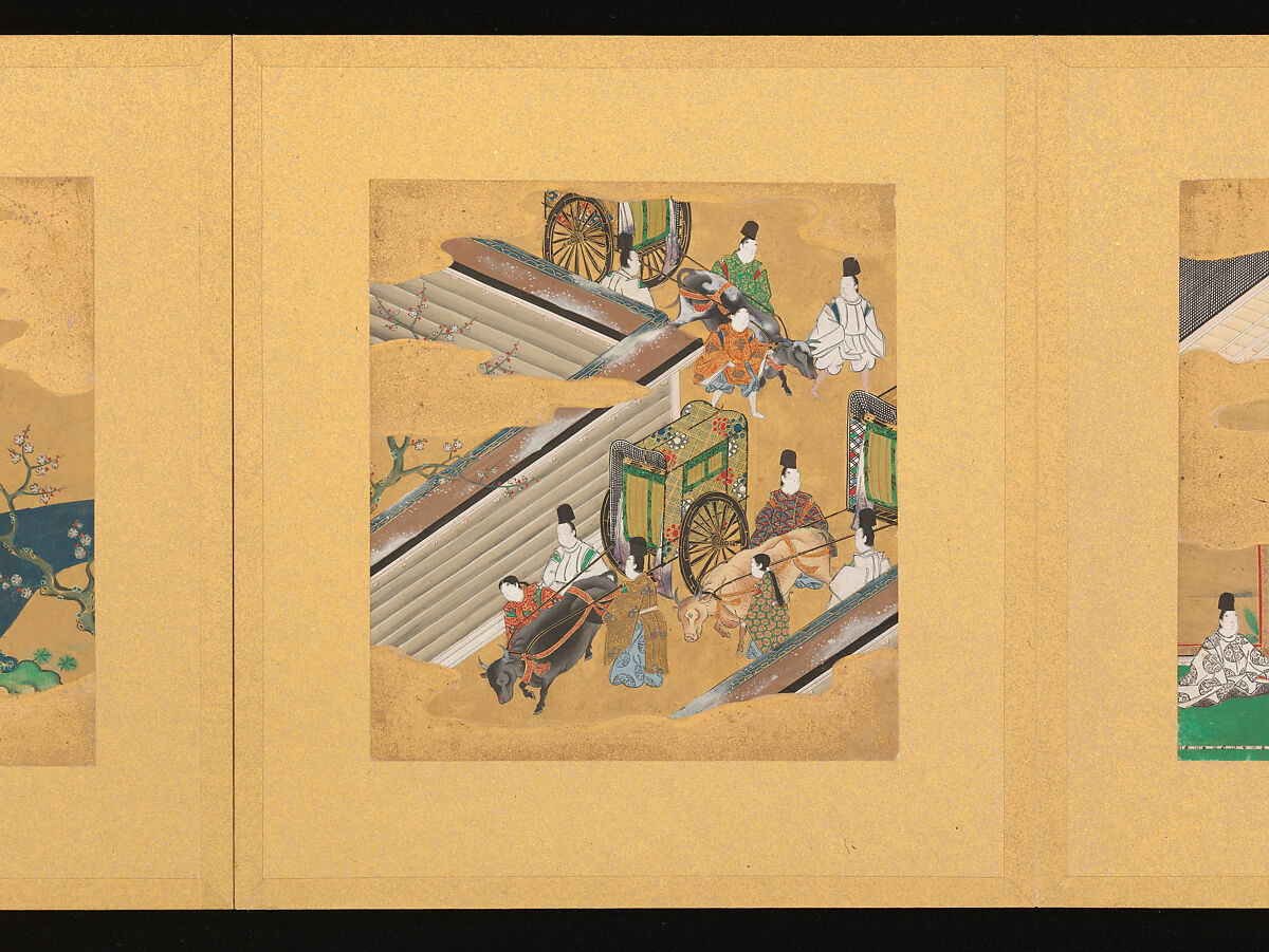 Scenes from The Tale of Genji, Tosa School, Pair of albums (accordion fold) with 
54 illustrations; ink, color and gold on paper, Japan