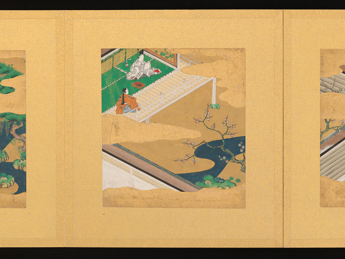 Scenes from The Tale of Genji, Tosa School, Pair of albums (accordion fold) with 
54 illustrations; ink, color and gold on paper, Japan