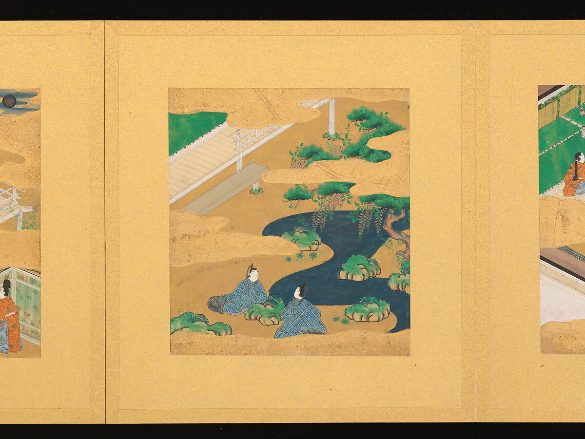 Scenes from The Tale of Genji, Tosa School, Pair of albums (accordion fold) with 
54 illustrations; ink, color and gold on paper, Japan