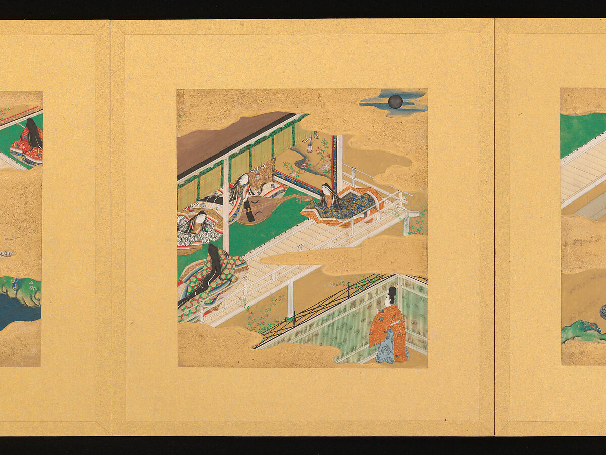 Scenes from The Tale of Genji, Tosa School, Pair of albums (accordion fold) with 
54 illustrations; ink, color and gold on paper, Japan