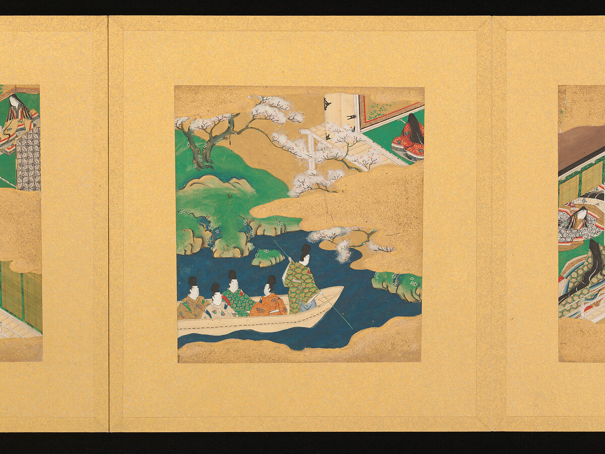 Scenes from The Tale of Genji, Tosa School, Pair of albums (accordion fold) with 
54 illustrations; ink, color and gold on paper, Japan
