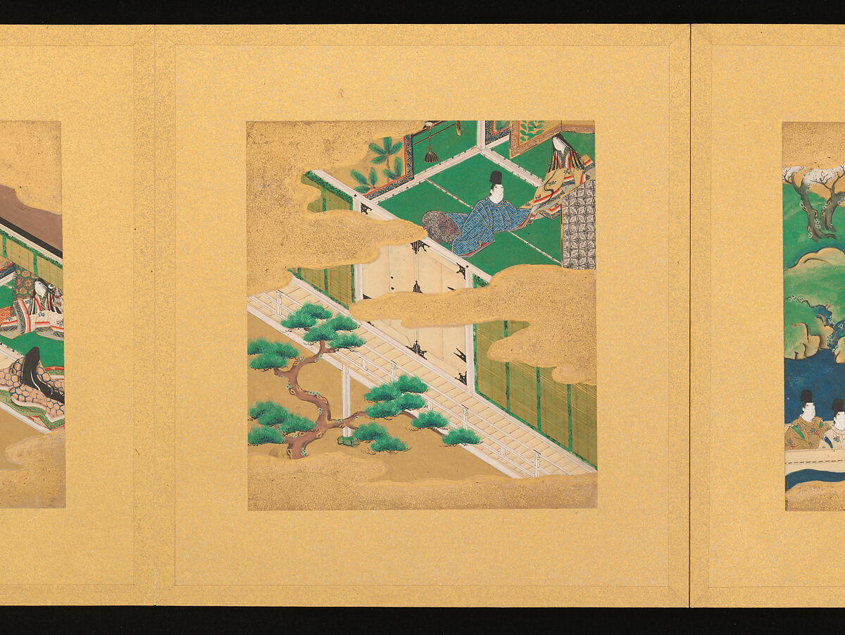 Scenes from The Tale of Genji, Tosa School, Pair of albums (accordion fold) with 
54 illustrations; ink, color and gold on paper, Japan