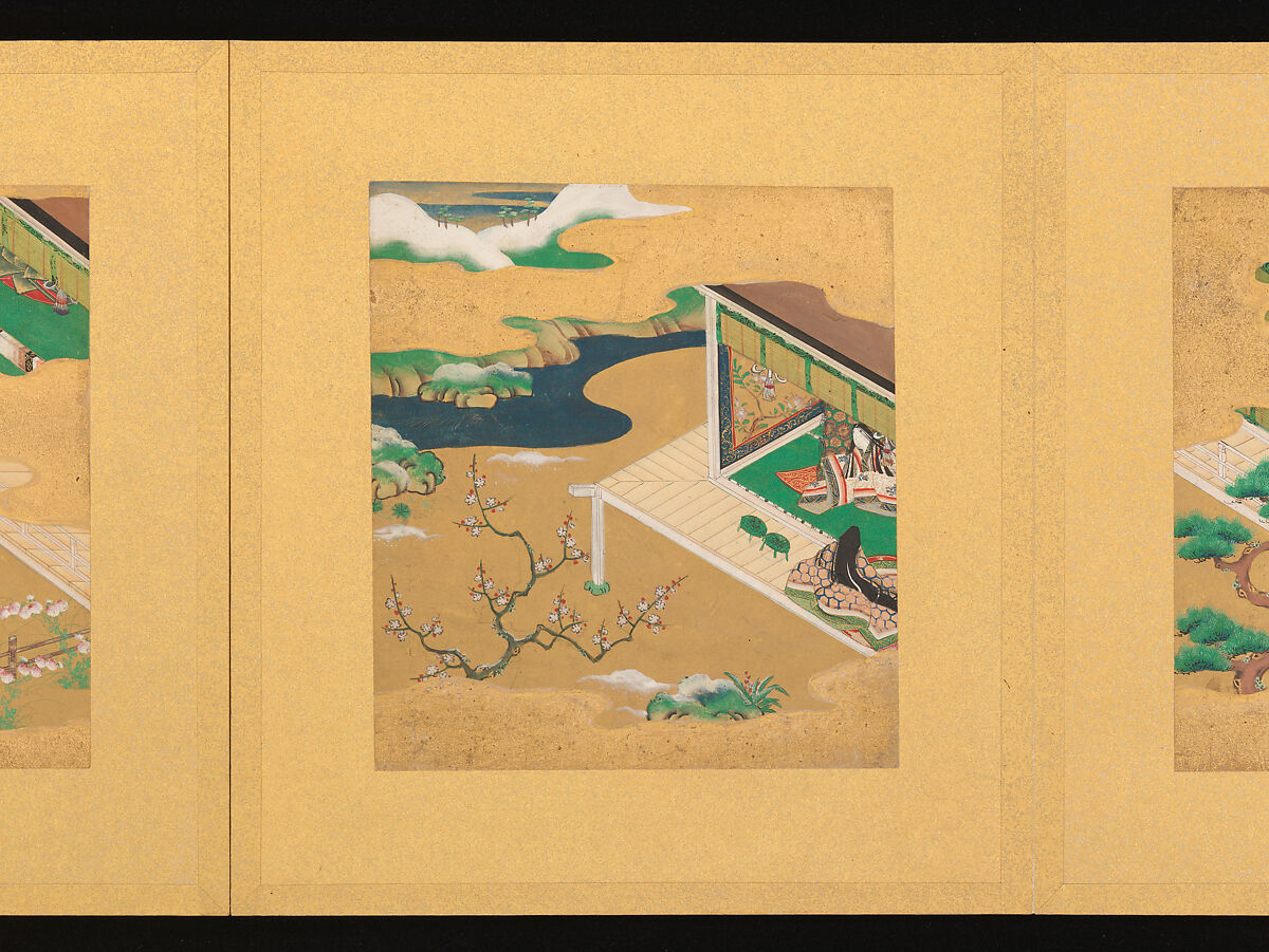 Scenes from The Tale of Genji, Tosa School, Pair of albums (accordion fold) with 
54 illustrations; ink, color and gold on paper, Japan