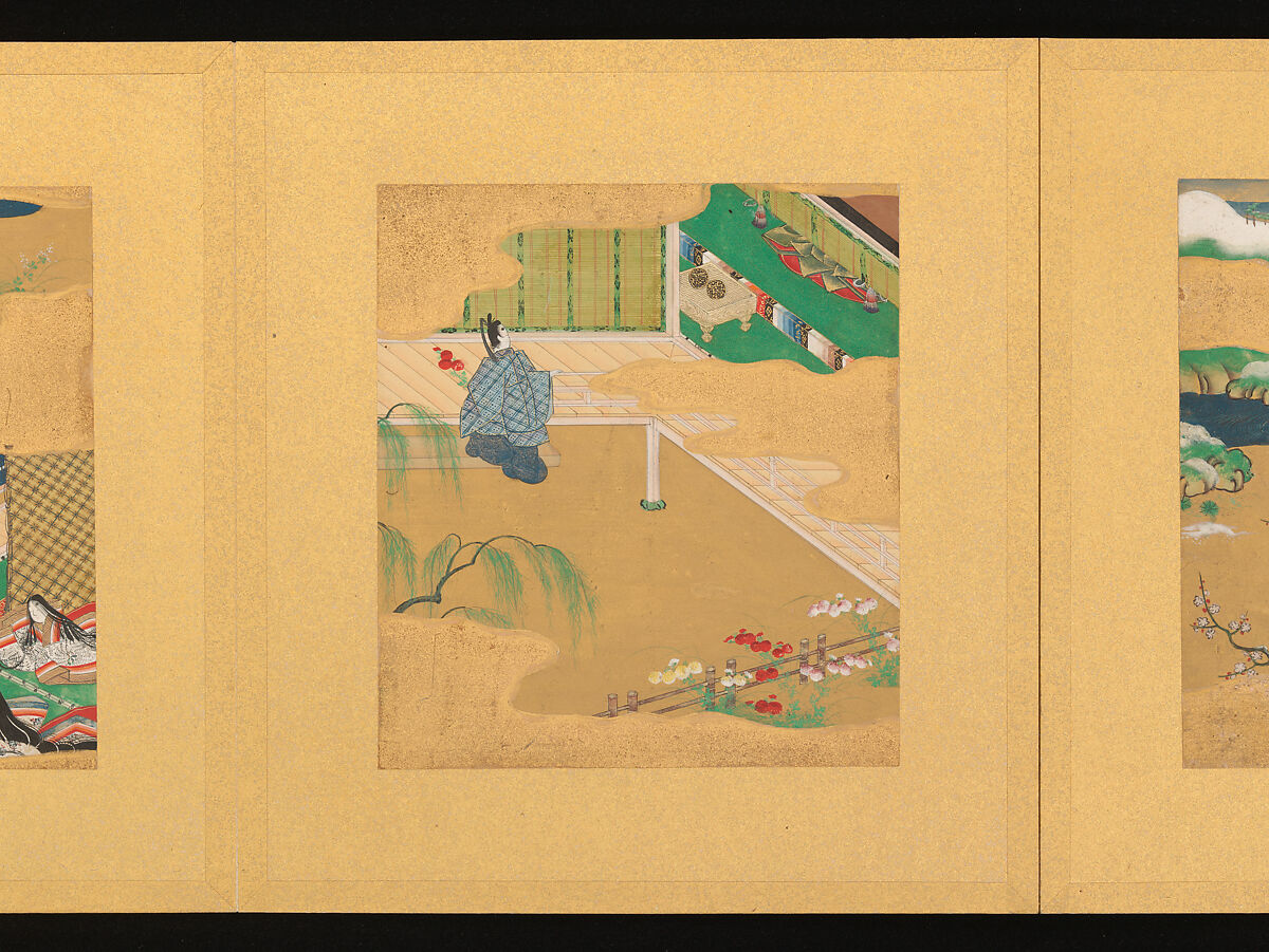 Scenes from The Tale of Genji, Tosa School, Pair of albums (accordion fold) with 
54 illustrations; ink, color and gold on paper, Japan