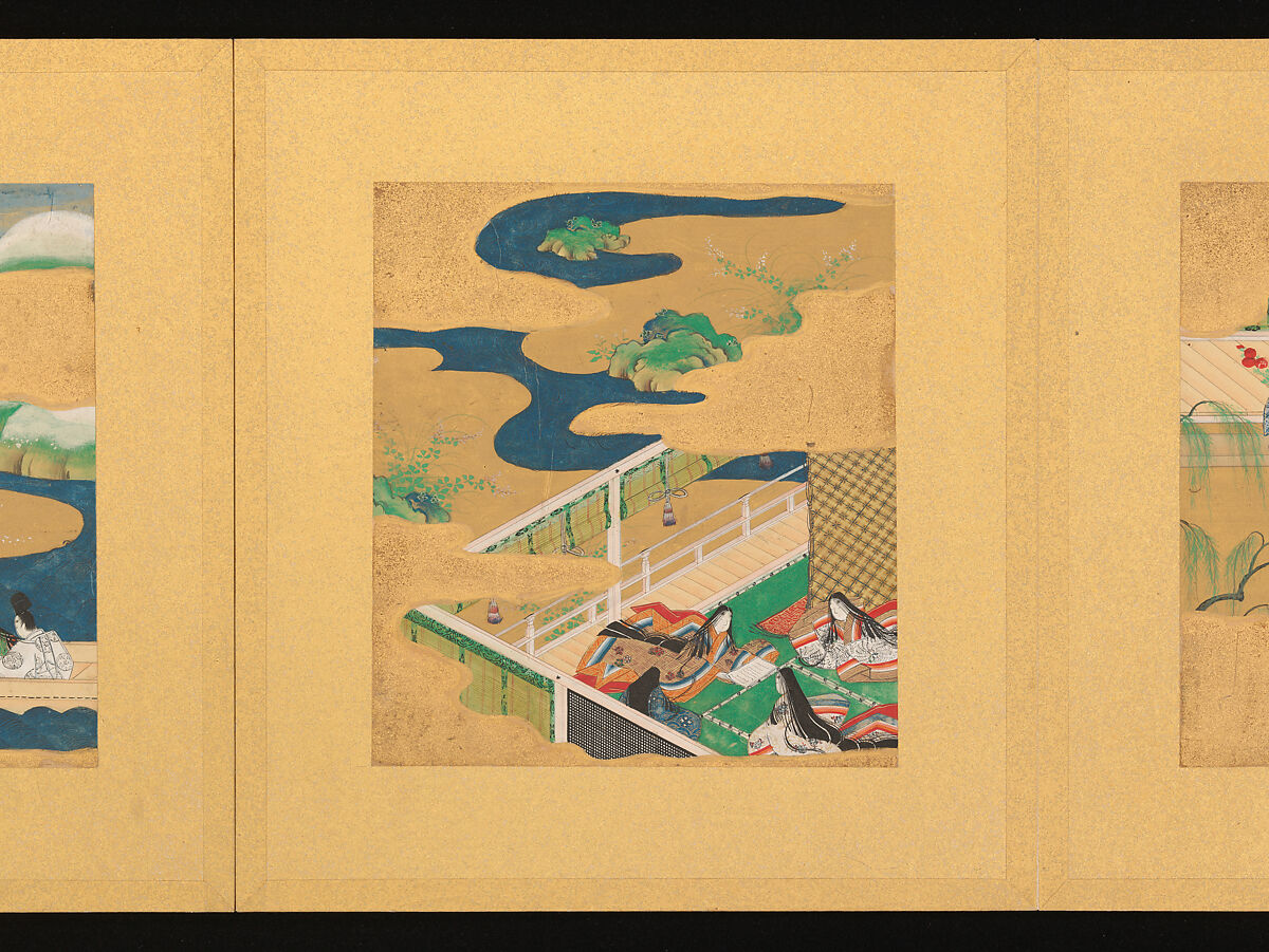 Scenes from The Tale of Genji, Tosa School, Pair of albums (accordion fold) with 
54 illustrations; ink, color and gold on paper, Japan