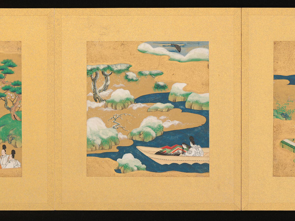 Scenes from The Tale of Genji, Tosa School, Pair of albums (accordion fold) with 
54 illustrations; ink, color and gold on paper, Japan