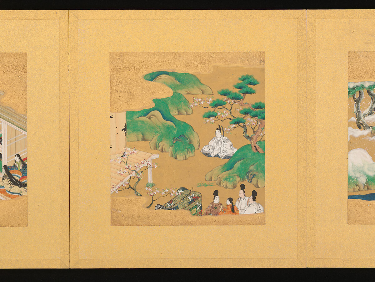 Scenes from The Tale of Genji, Tosa School, Pair of albums (accordion fold) with 
54 illustrations; ink, color and gold on paper, Japan