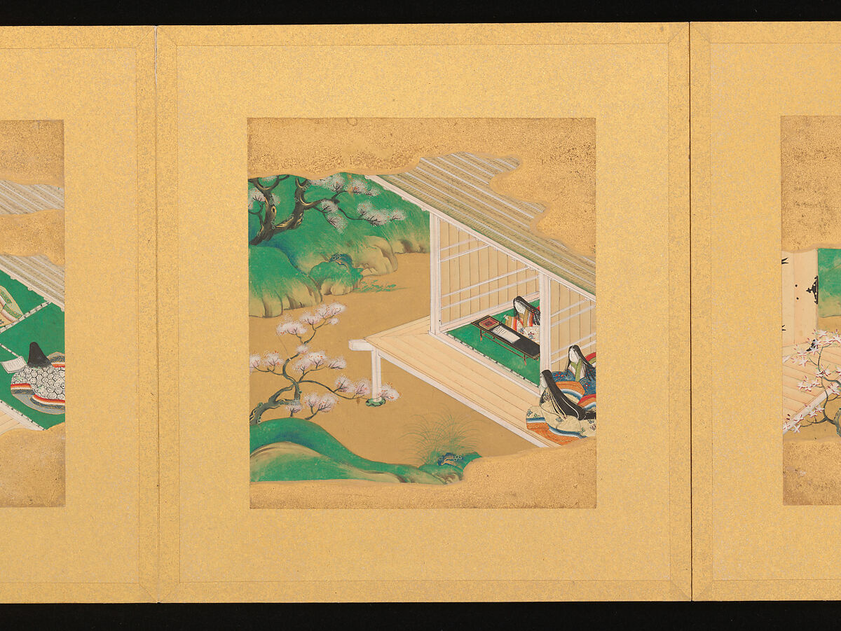 Scenes from The Tale of Genji, Tosa School, Pair of albums (accordion fold) with 
54 illustrations; ink, color and gold on paper, Japan