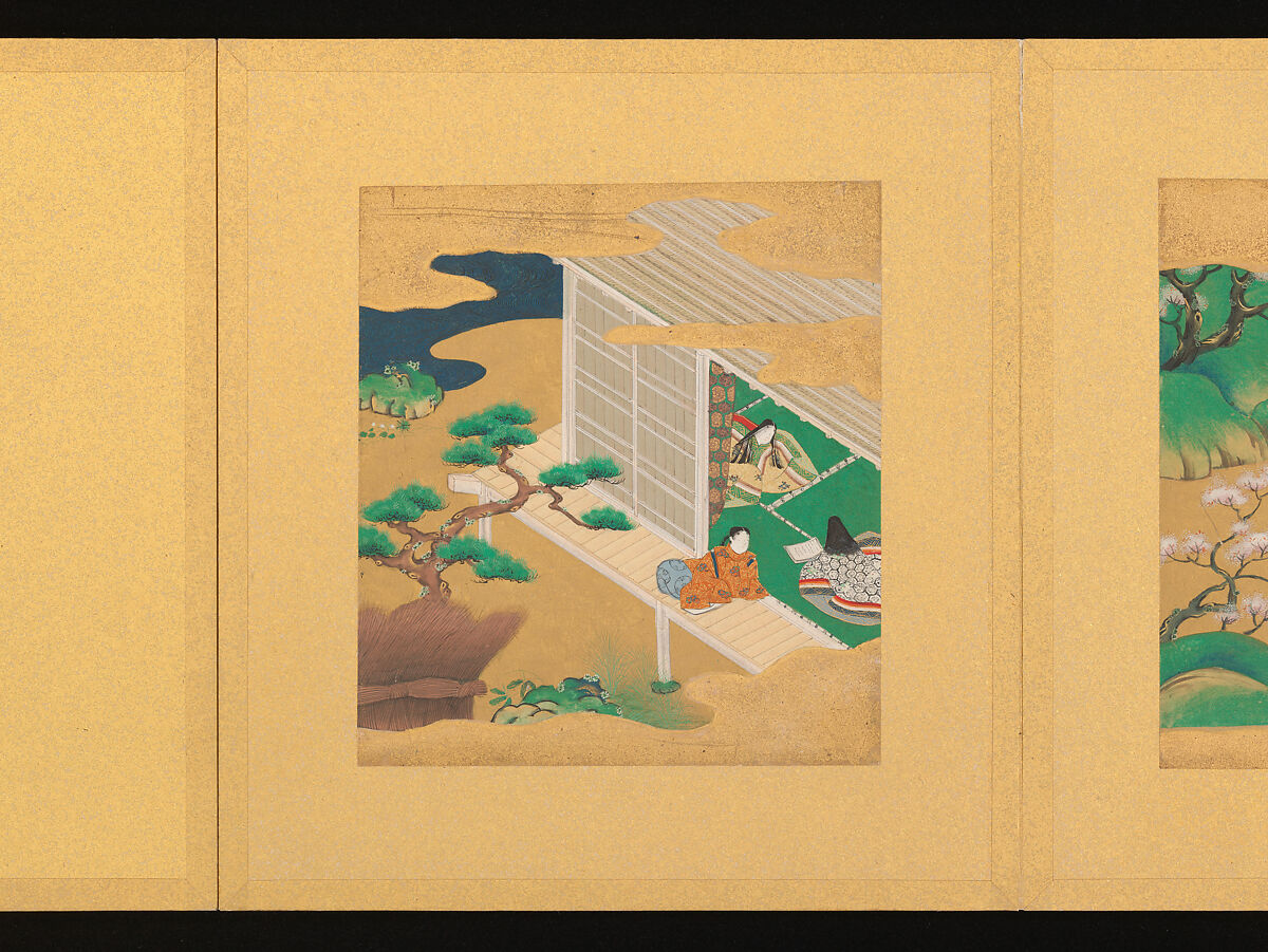 Scenes from The Tale of Genji, Tosa School, Pair of albums (accordion fold) with 
54 illustrations; ink, color and gold on paper, Japan