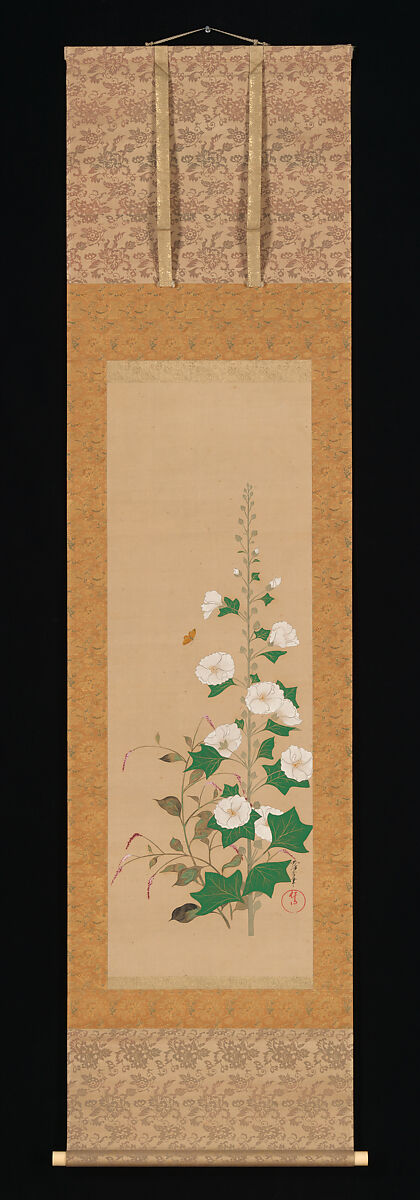 Hollyhocks and Prince’s-Feather Flowers, Sakai Ōho (Japanese, 1808–1841), Hanging scroll; ink and color on silk, Japan
