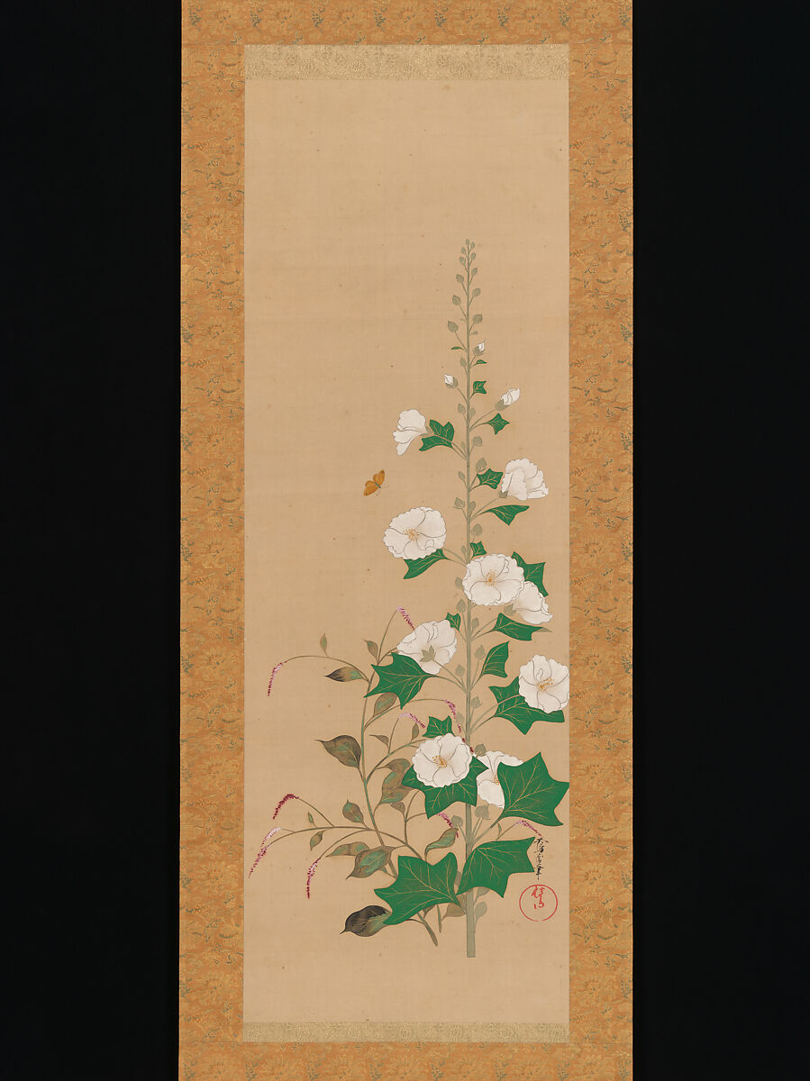 Hollyhocks and Prince’s-Feather Flowers, Sakai Ōho  Japanese, Hanging scroll; ink and color on silk, Japan
