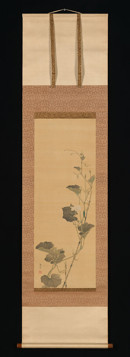 Calabash Flowers and Beetle, Maruyama Ōshin (Japanese, 1790–1838), Hanging scroll; ink and color on silk, Japan