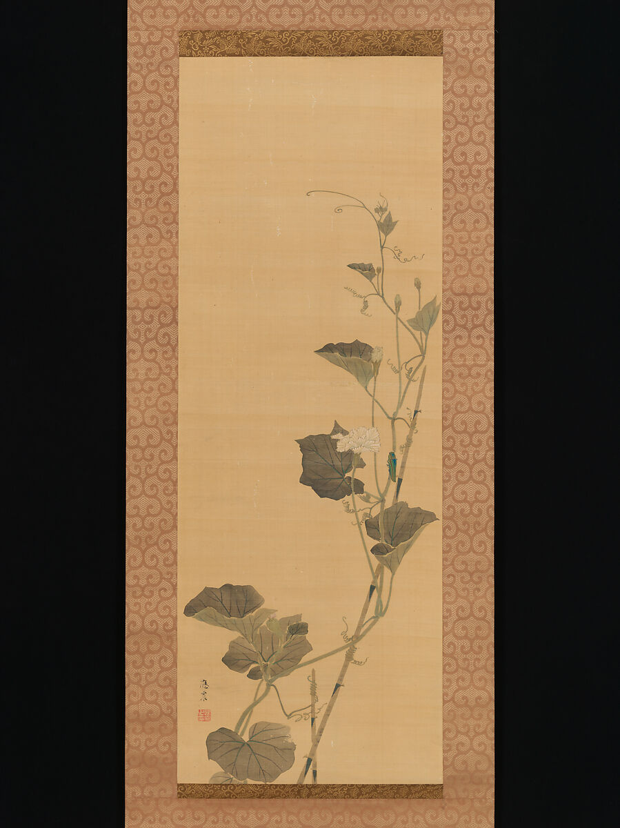 Calabash Flowers and Beetle, Maruyama Ōshin (Japanese, 1790–1838), Hanging scroll; ink and color on silk, Japan 