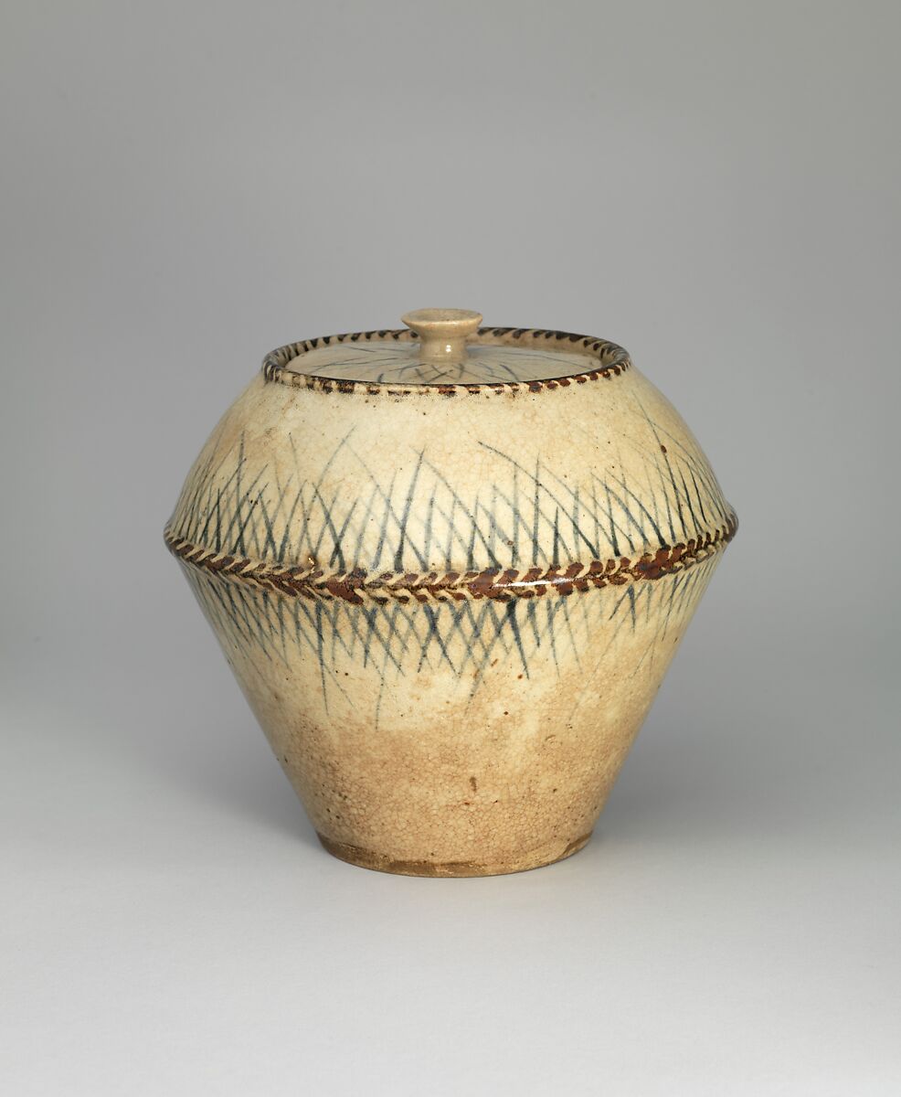 Freshwater jar (Mizusashi), Stoneware with iron oxide and underglaze cobalt-blue decoration (Ko-Kiyomizu ware), Japan 