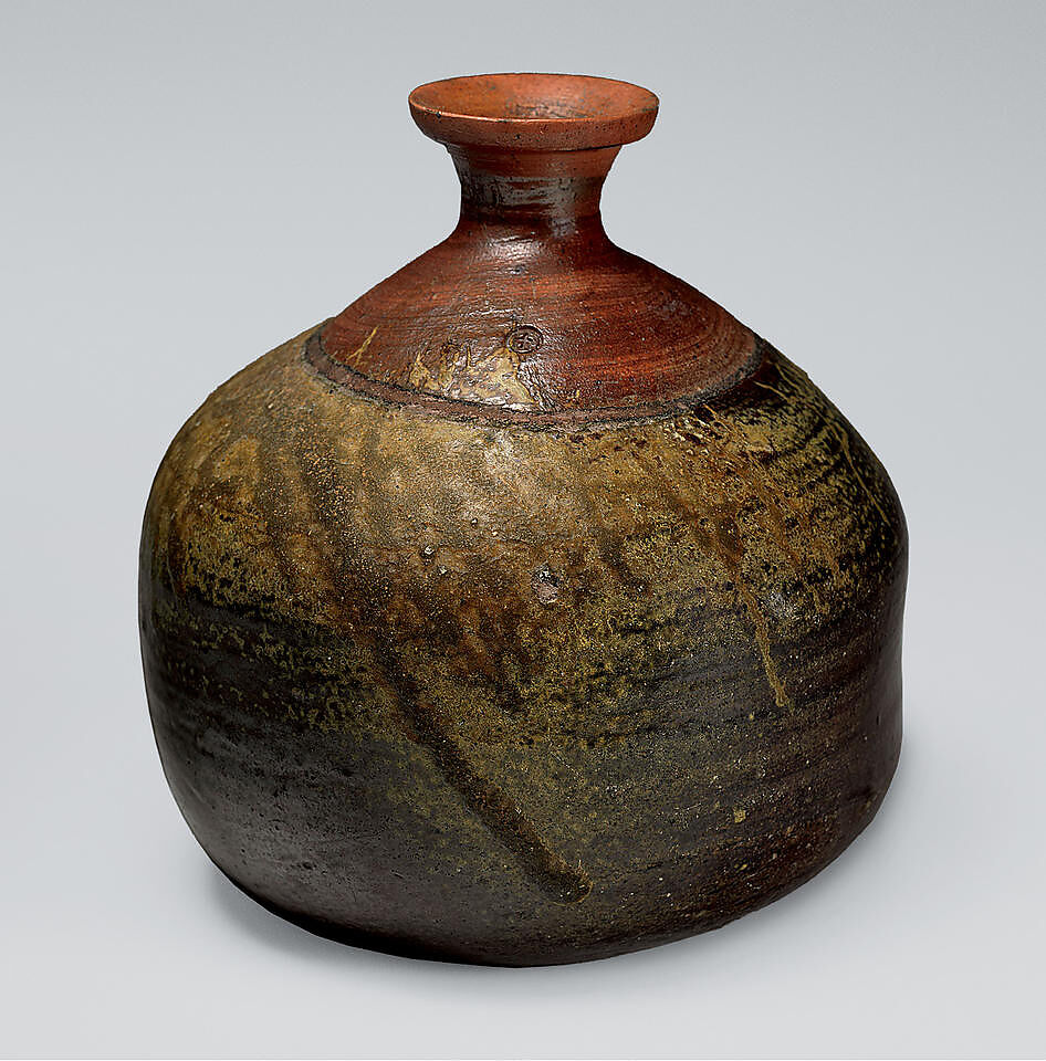 Sake Bottle (Tokkuri), Stoneware with natural ash glaze (Bizen ware), Japan 