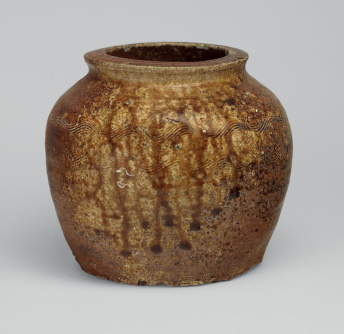 Widemouthed Oil Jar (Kame) with Wave Pattern, Stoneware with natural ash glaze (Echizen ware), Japan 
