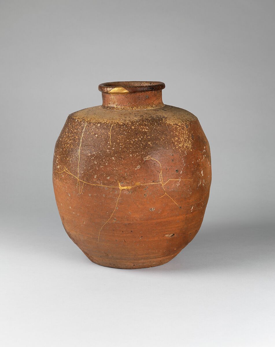 Shigaraki Jar (Tsubo), Stoneware with natural ash glaze and gold lacquer repairs (Kyoto ware, Shigaraki type), Japan 