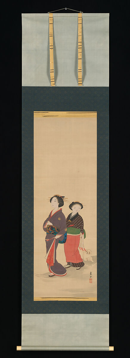 Two Women and a Puppy, Nagasawa Rosetsu 長澤蘆雪 (Japanese, 1754–1799), Hanging scroll; ink and color on silk, Japan