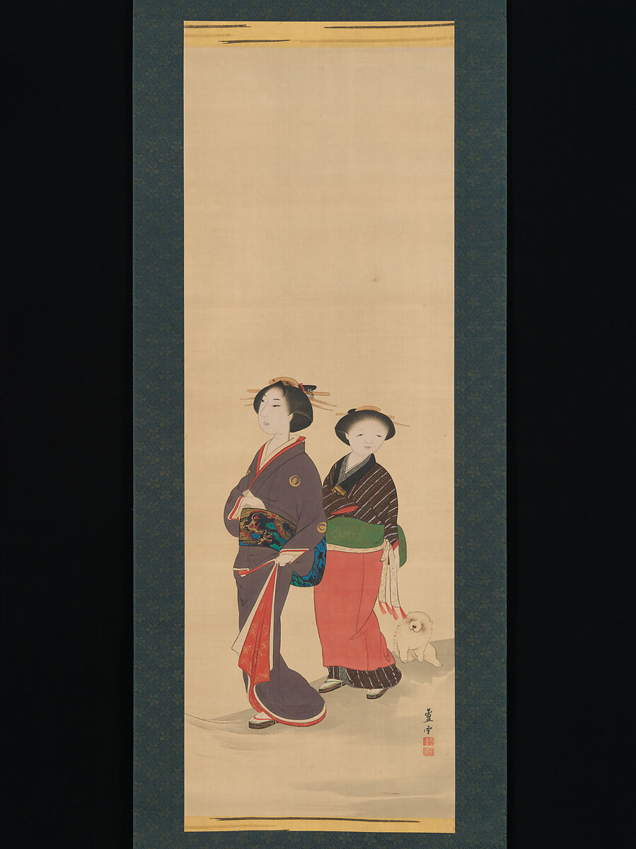 Two Women and a Puppy, Nagasawa Rosetsu 長澤蘆雪 (Japanese, 1754–1799), Hanging scroll; ink and color on silk, Japan 